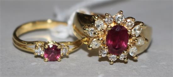 A ruby and diamond cluster ring, 14ct yellow gold shank and a single ruby and diamond ring, 14ct yellow gold shank